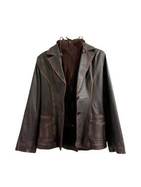 VTG Brown Leather Jacket Women Small Removable Hood Distressed Y2K Blazer Style